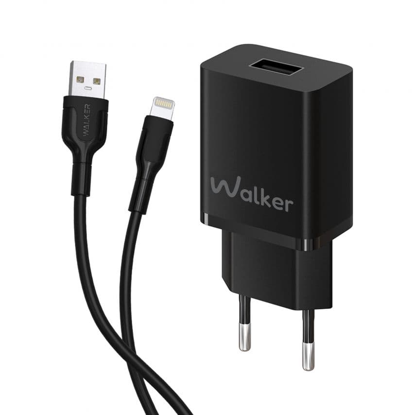 Мережевий зарядний пристрій (адаптер) 2в1 WALKER WH-26 1USB / 2.4A + Data Cable USB to Lightning black