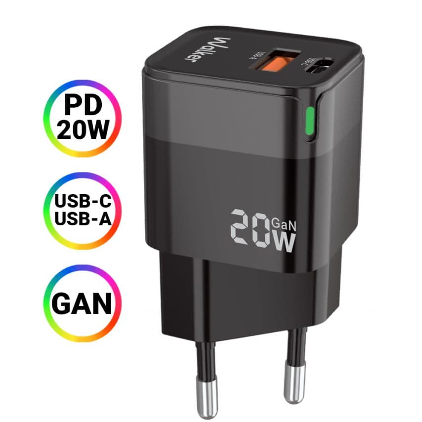 Мережевий зарядний пристрій (адаптер) WALKER WH-42 20W GAN PD_20W / QC3.0_18W black