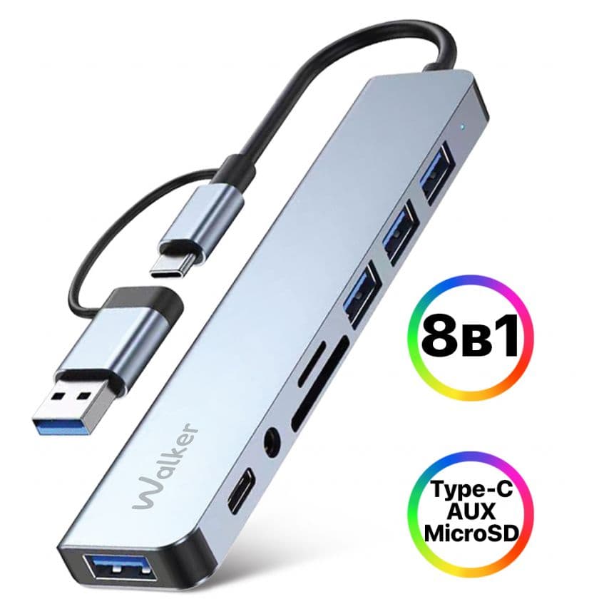 Перехідник USB-хаб 8в1 WALKER WHUB-53 з роз'ємом USB/Type-C grey