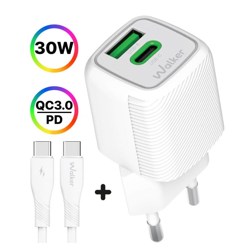 Мережевий зарядний пристрій (адаптер) 2в1 WALKER WH-71 GAN 30W + Data Cable Type-C to Type-C white