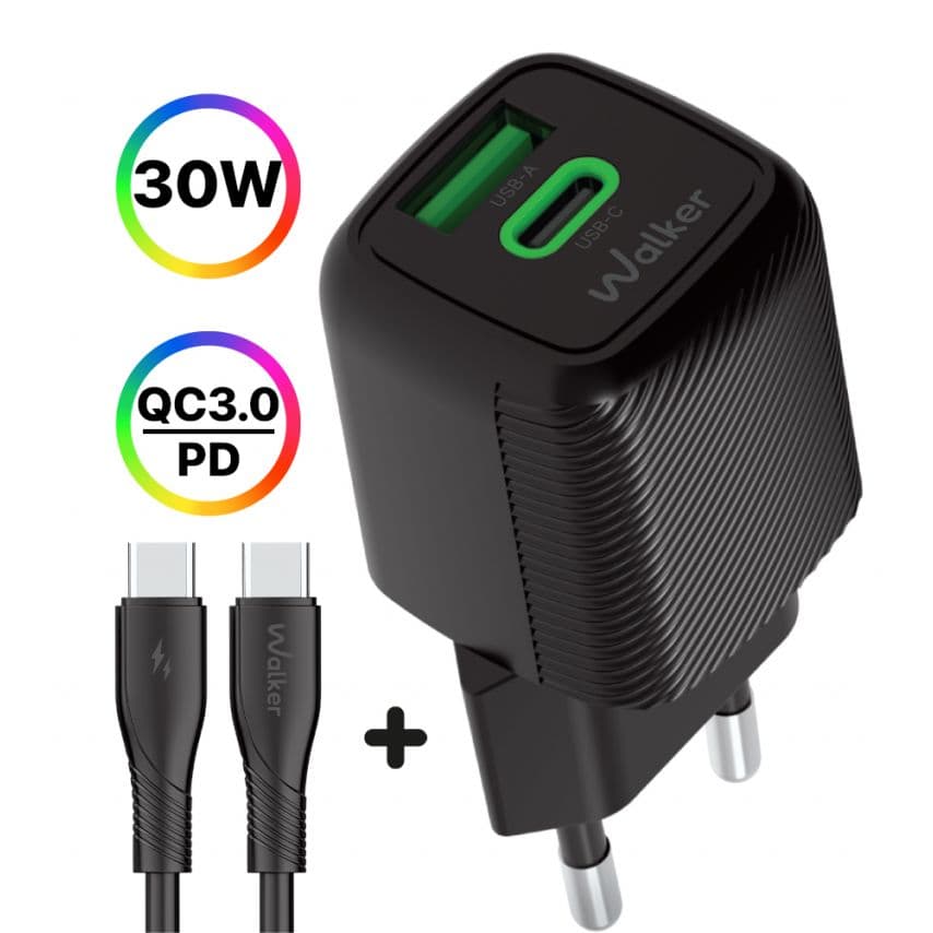 Мережевий зарядний пристрій (адаптер) 2в1 WALKER WH-71 GAN 30W + Data Cable Type-C to Type-C black