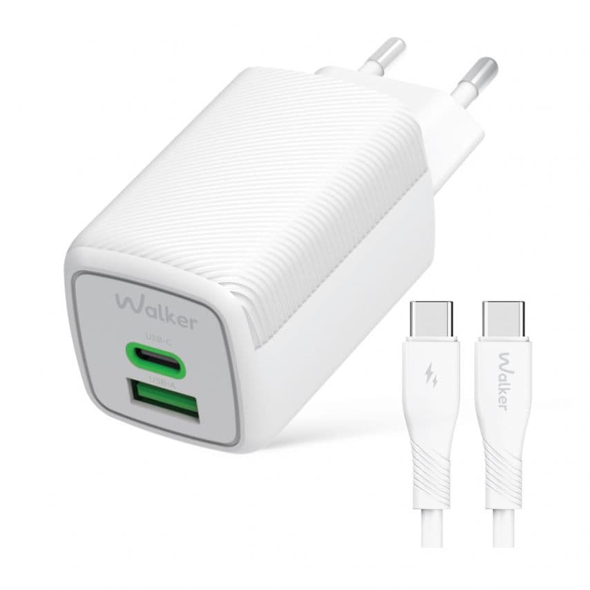 Мережевий зарядний пристрій (адаптер) 2в1 WALKER WH-75 GAN 65W + Data Cable Type-C to Type-C white