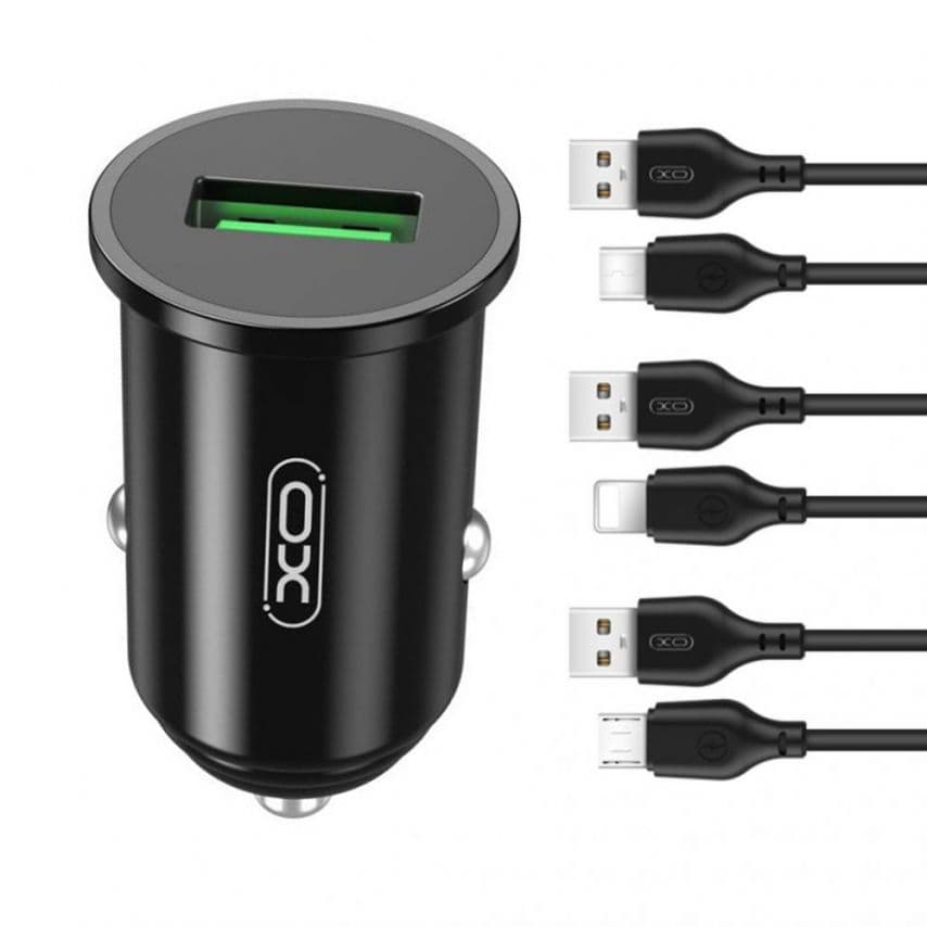 Автомобільний зарядний пристрій (адаптер) 2в1 XO TZ12 1USB / QC3.0 / 3A / 18W + Data Cable USB to Micro black