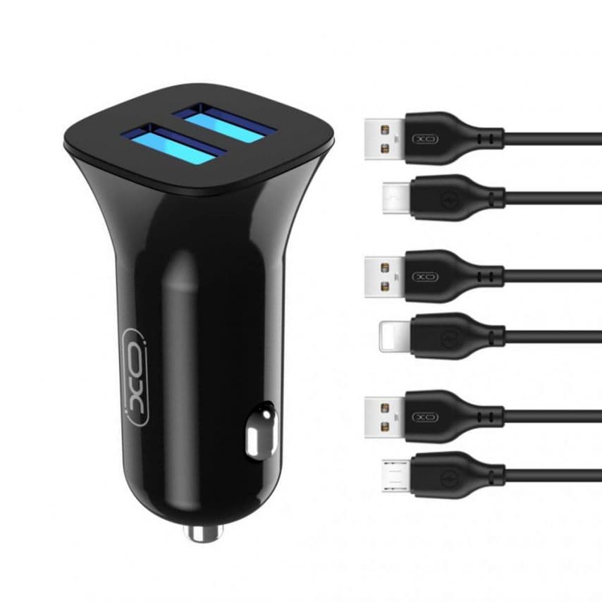 Автомобільний зарядний пристрій (адаптер) 2в1 XO TZ10 2USB / 2.4A / 12W + Data Cable USB to Type-C black