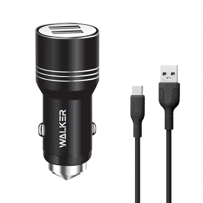 Автомобільний зарядний пристрій (адаптер) 2в1 WALKER WCR-21 2USB 1.0А / 2.4A + Data Cable USB to Type-C black