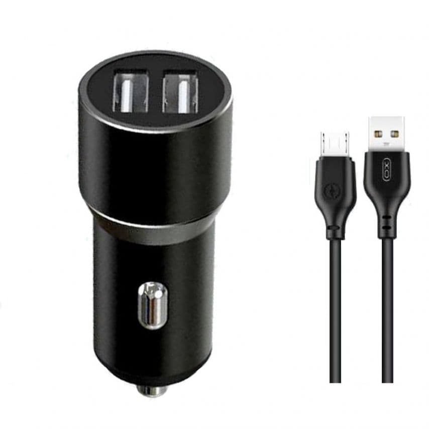 Автомобільний зарядний пристрій (адаптер) 2в1 XO TZ09 2USB / 2.4A / 12W + Data Cable USB to Micro black